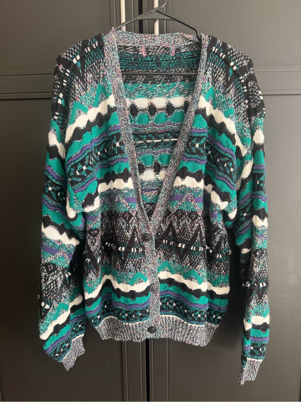 Chunky 90s Vintage Cardigan Sweater in Teal, Black & White